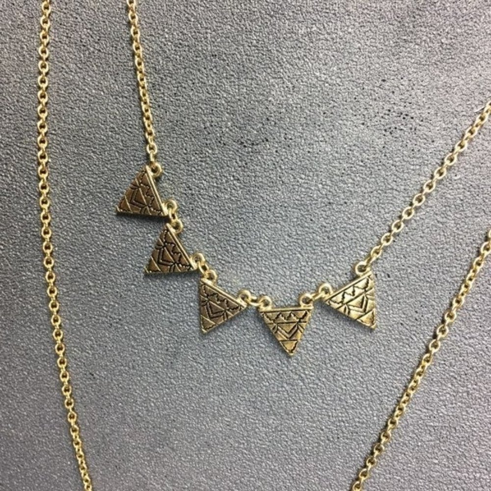Gold Necklace Earrings Triple Chain Triangle Brown Stone V - Picture 4 of 10